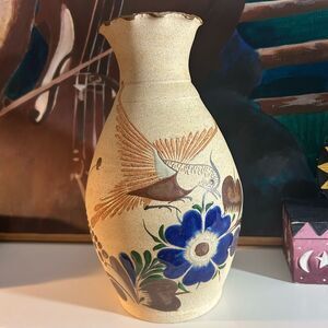 Artistic Mexican Ceramic Vase with Bird and Floral Motif